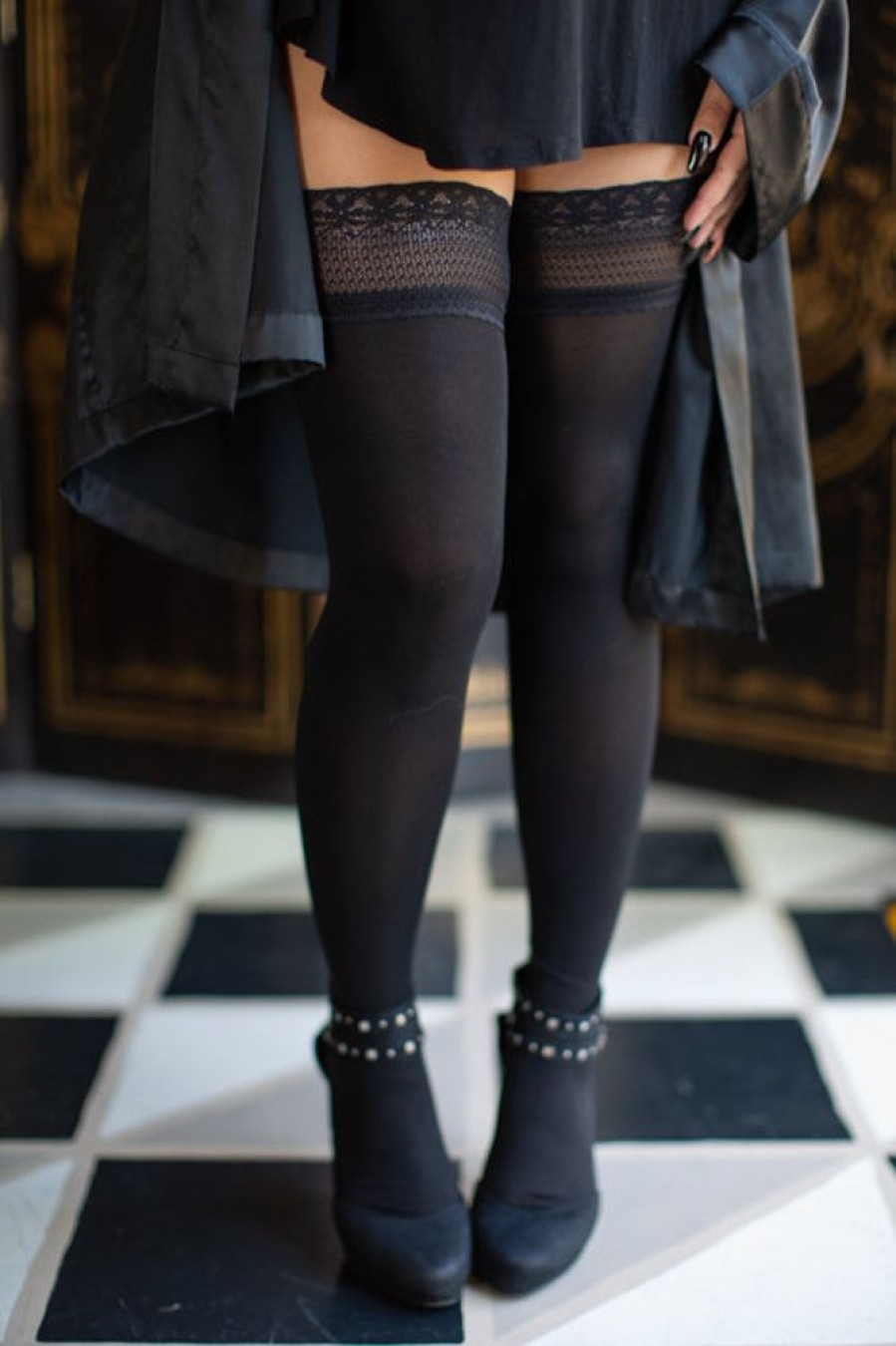 Plus Size Glamory Plus Size Thigh Highs | Vital Opaque Stocking With Stay Up Lace Top