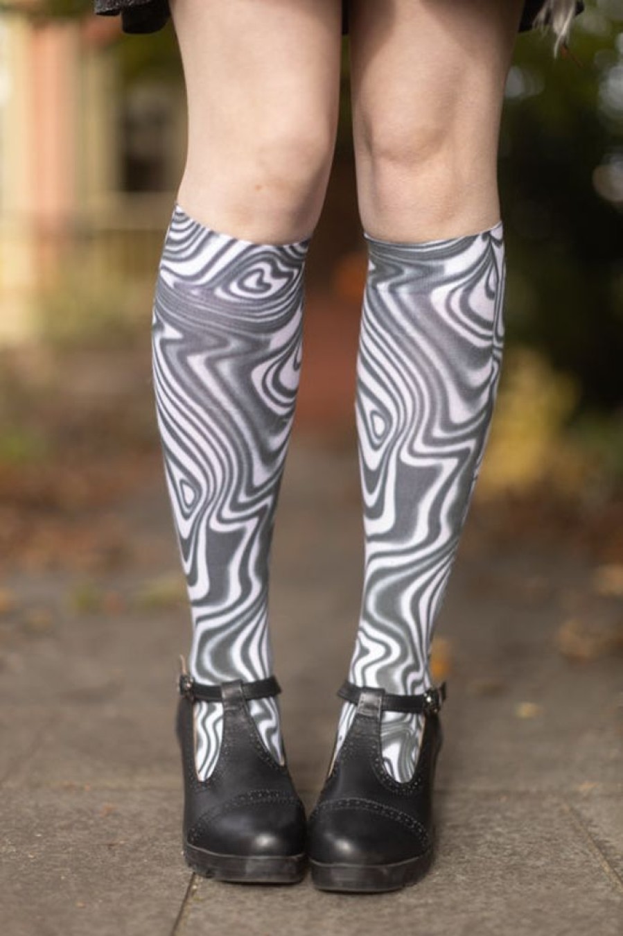 Plus Size Foot Traffic Plus Size Knee Highs | Black And White Swirl Printed Trouser Socks