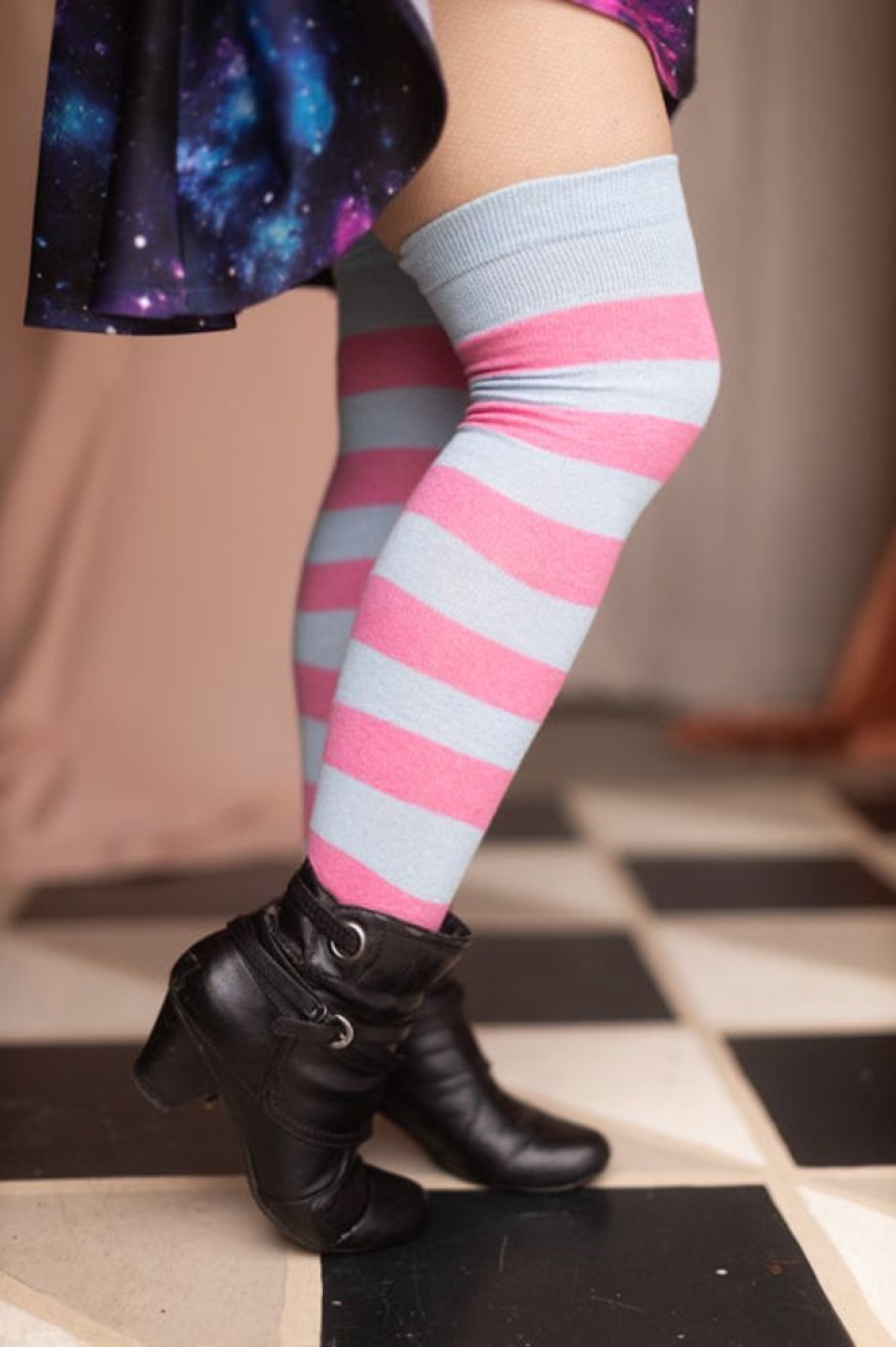 Plus Size Dreamer Socks Plus Size Thigh Highs | Oops! Extraordinary Striped Thigh High Socks - Lt. Blue & Bubblegum