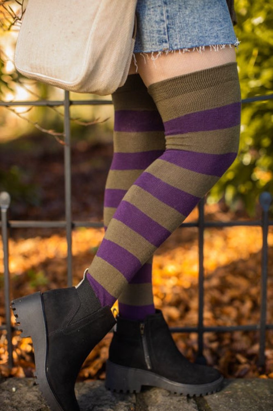 Socks Dreamer Socks Thigh Highs | Extraordinary Striped Thigh High Socks - Loden/Plum