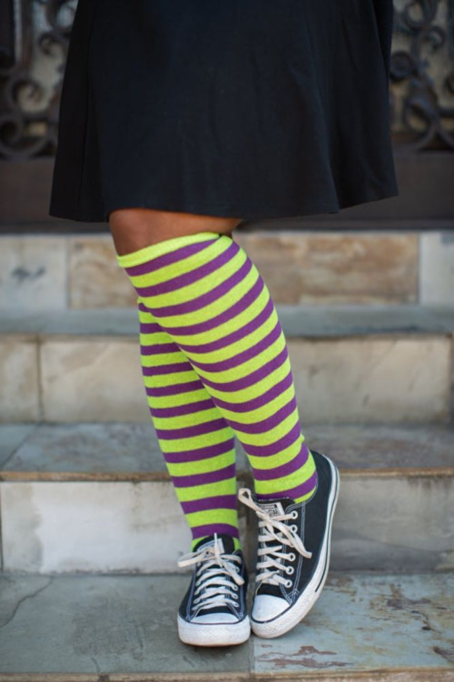 Socks DreaM Stockings Over The Knee | Striped Knees - Lime/Purple