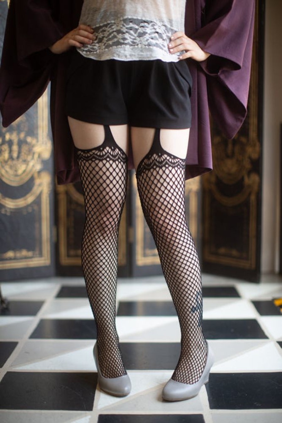 Socks Leg Avenue Thigh Highs | Scalloped Top Net Stockings With Strappy Lace Attached Garter