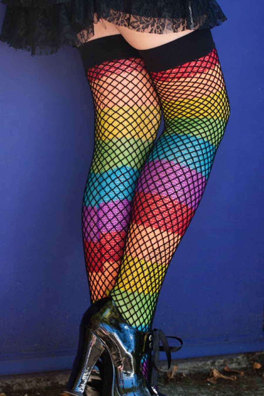 Plus Size Leg Avenue Plus Size Thigh Highs | Fishnet Overlay Rainbow Thigh High