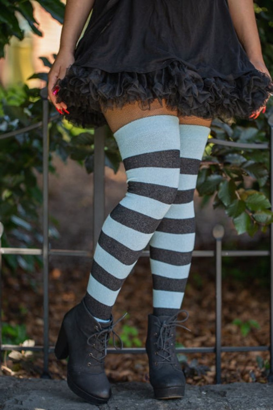 Plus Size Dreamer Socks Plus Size Thigh Highs | Extraordinary Striped Thigh High Socks - Light Blue/Black