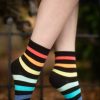 Plus Size K Bell Plus Size Crew Socks | Rainbow Rugby Stripe Relaxed Roll Top Crew