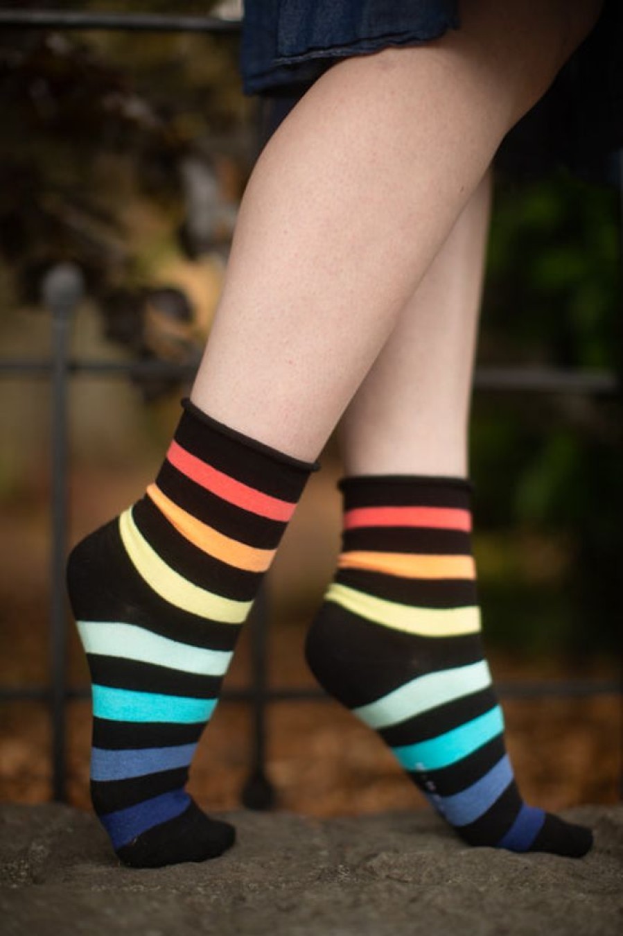 Plus Size K Bell Plus Size Crew Socks | Rainbow Rugby Stripe Relaxed Roll Top Crew