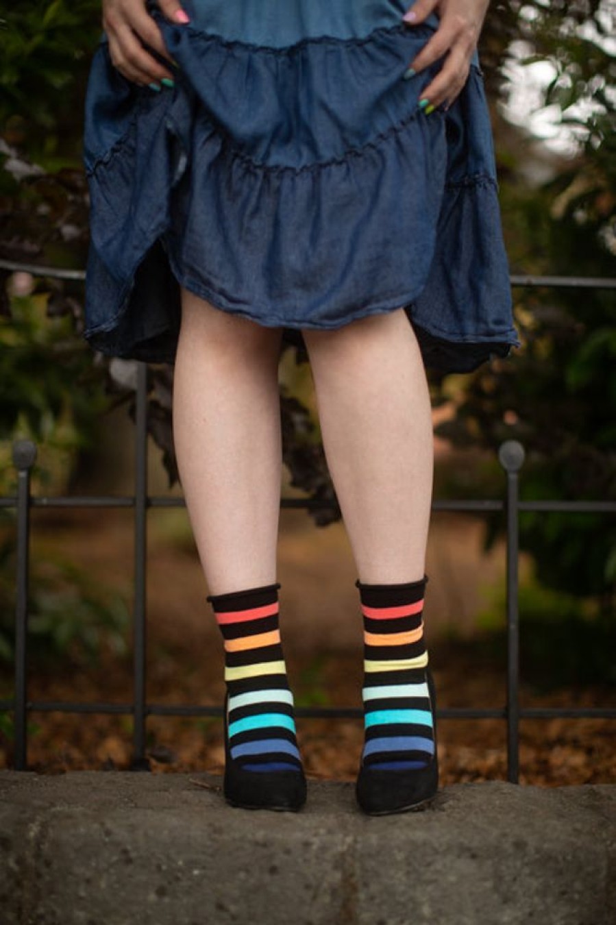 Plus Size K Bell Plus Size Crew Socks | Rainbow Rugby Stripe Relaxed Roll Top Crew