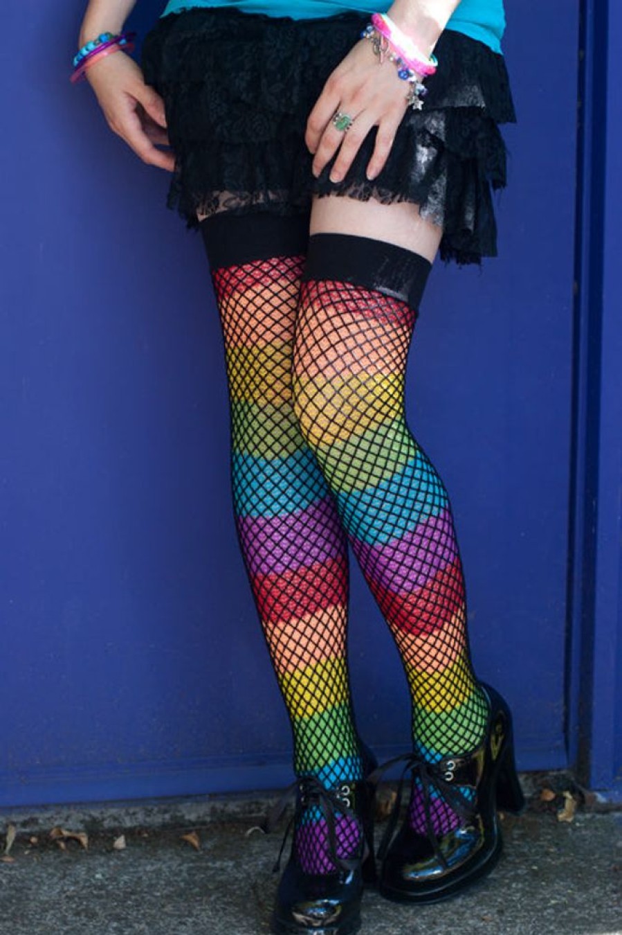 Plus Size Leg Avenue Plus Size Stockings | Fishnet Overlay Rainbow Thigh High