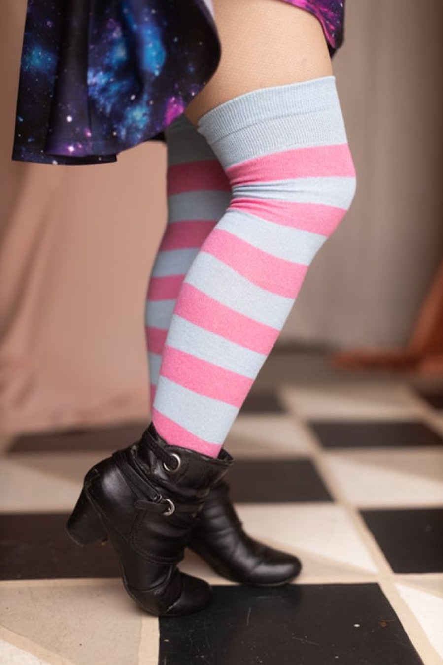 Socks Dreamer Socks Thigh Highs | Oops! Extraordinary Striped Thigh High Socks - Lt. Blue & Bubblegum