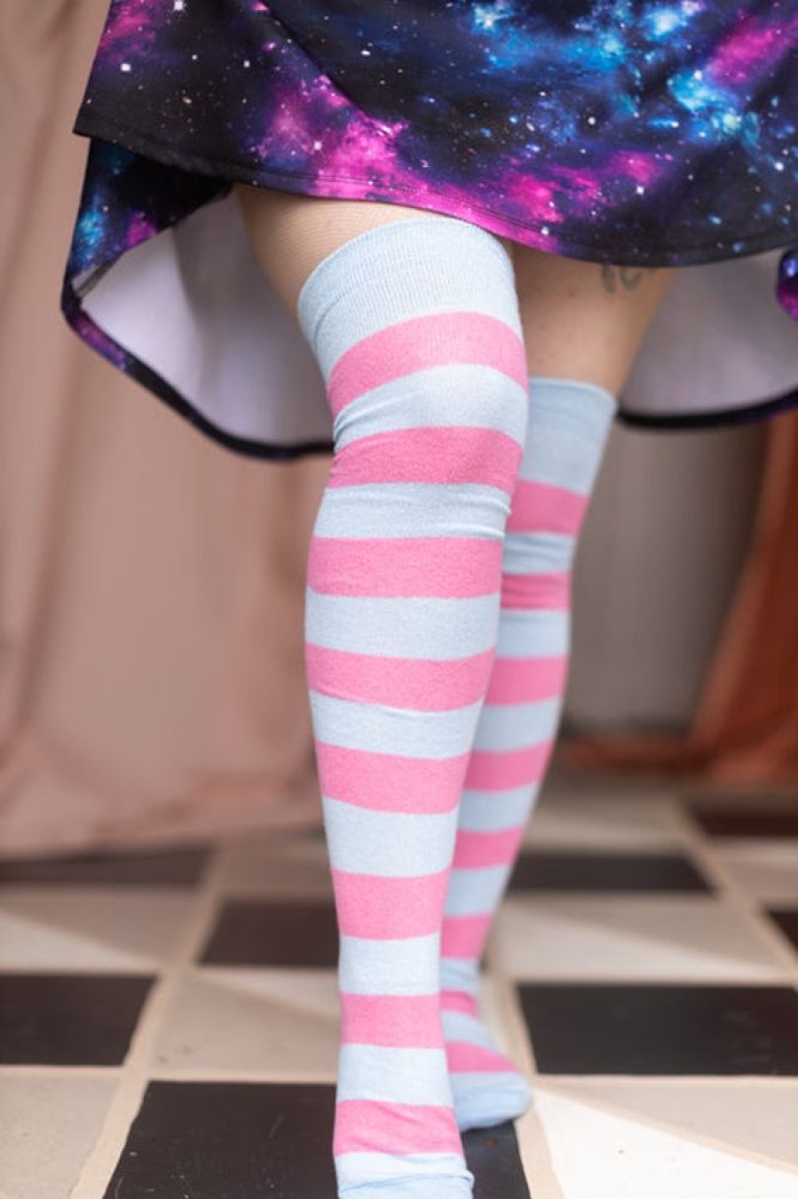 Socks Dreamer Socks Thigh Highs | Oops! Extraordinary Striped Thigh High Socks - Lt. Blue & Bubblegum