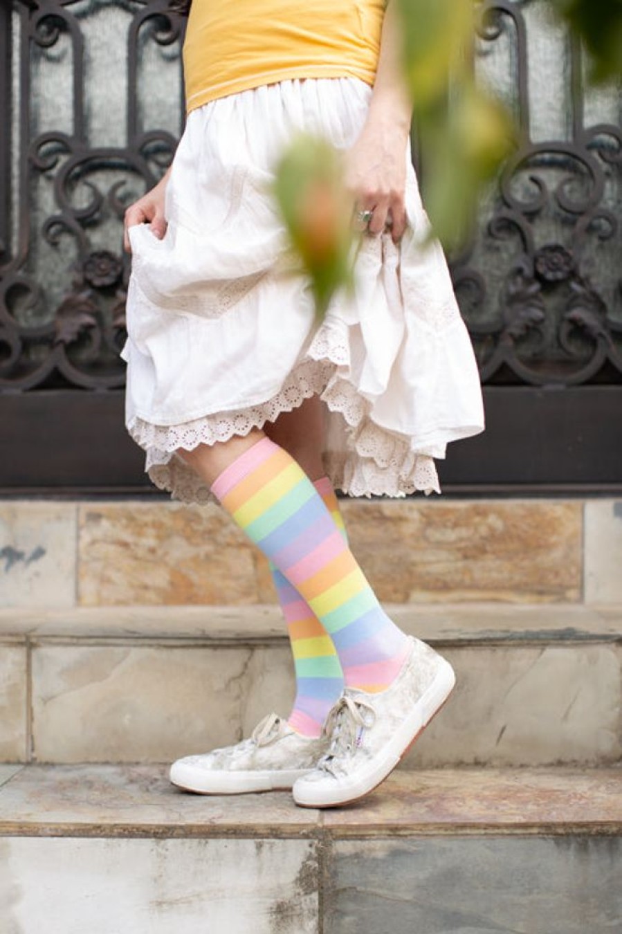 Plus Size Mod Sock Plus Size Knee Highs | Pastel Rainbow Striped Knee High