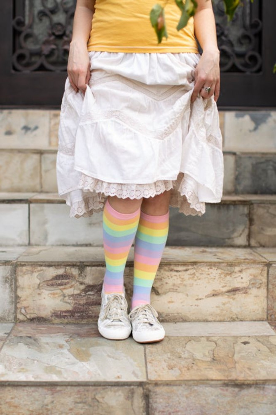 Plus Size Mod Sock Plus Size Knee Highs | Pastel Rainbow Striped Knee High