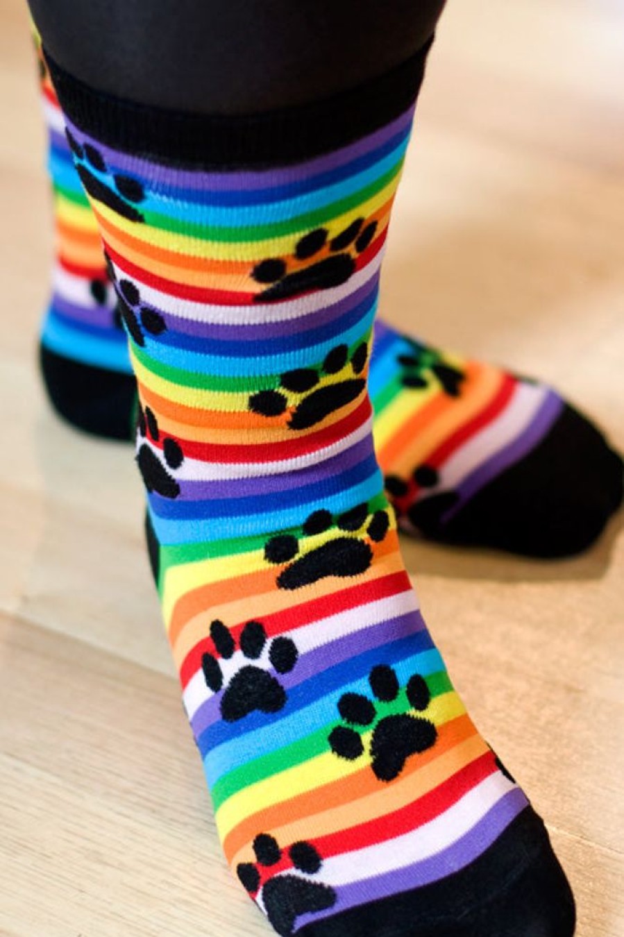 Socks K Bell Crew Socks | Rainbow Stripe Paw Print Crew