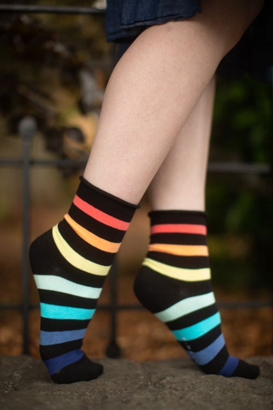 Socks K Bell Crew Socks | Rainbow Rugby Stripe Relaxed Roll Top Crew