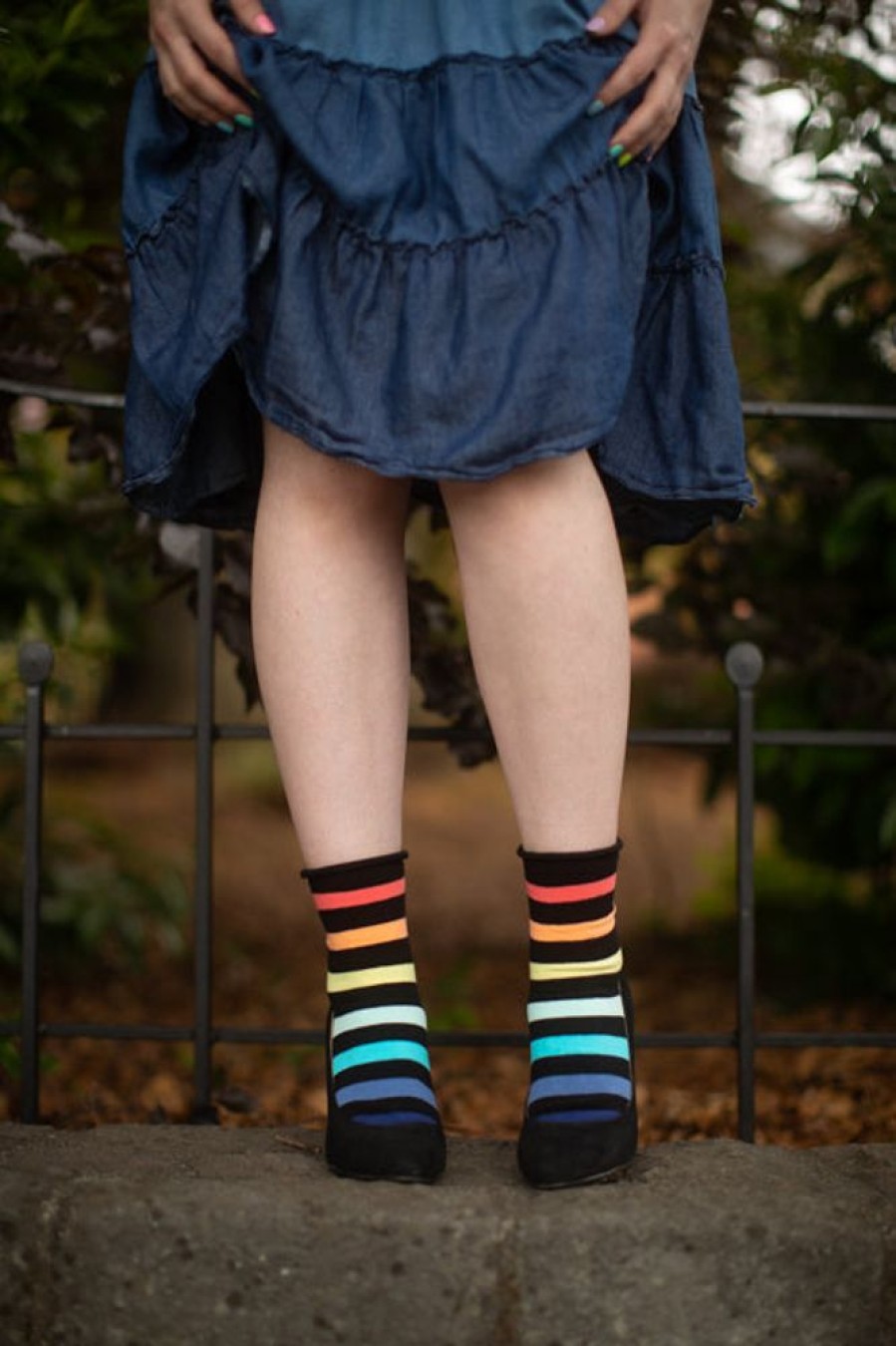 Socks K Bell Crew Socks | Rainbow Rugby Stripe Relaxed Roll Top Crew