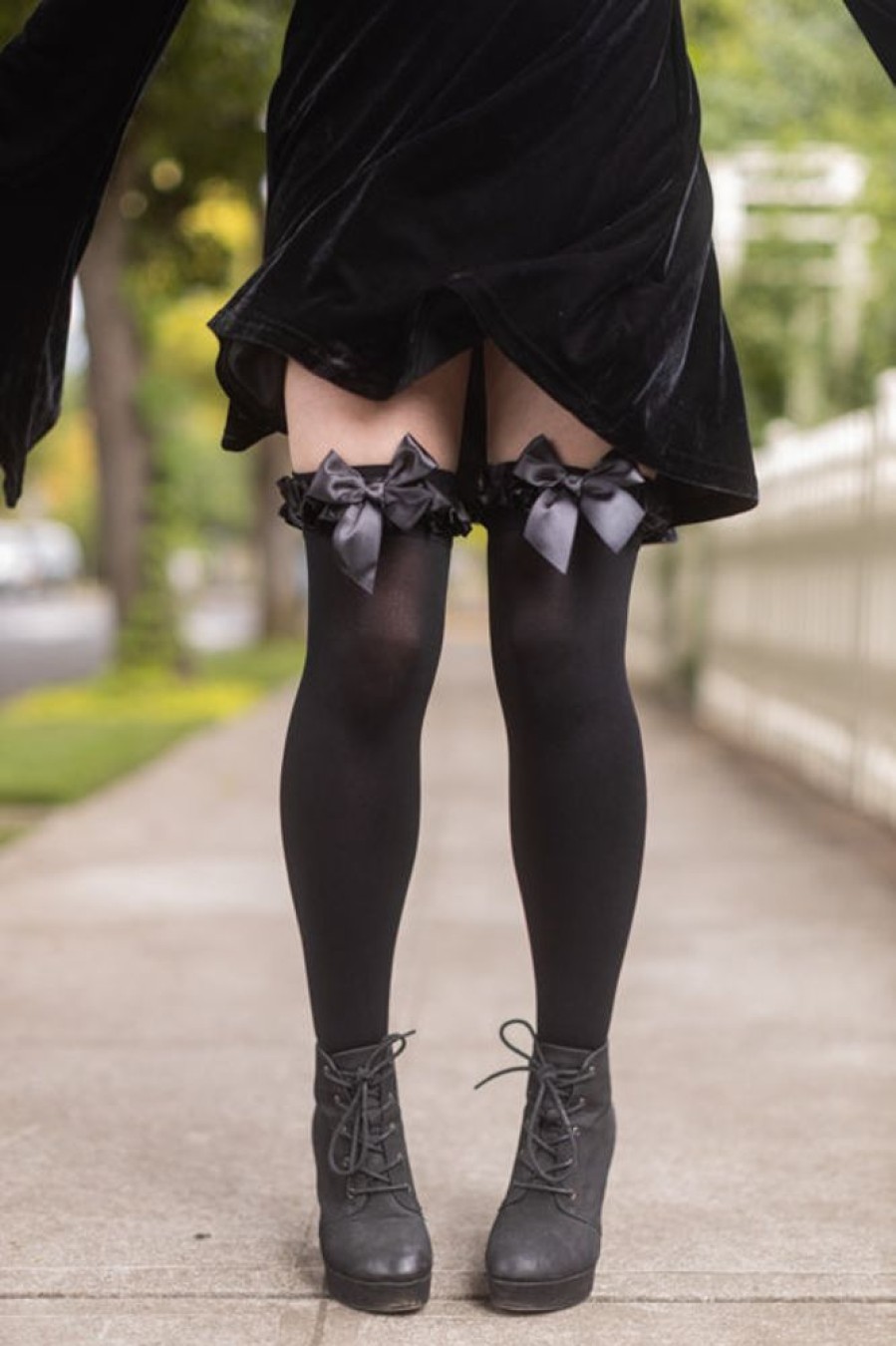 Socks Leg Avenue Thigh Highs | Satin Ruffle Trim Opaque Thigh High With Bow