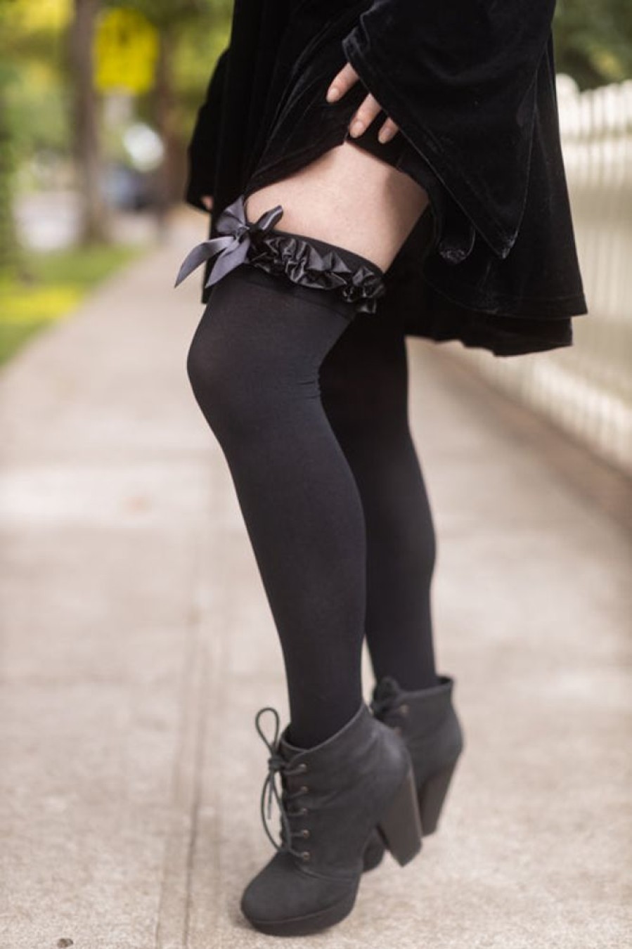 Socks Leg Avenue Thigh Highs | Satin Ruffle Trim Opaque Thigh High With Bow