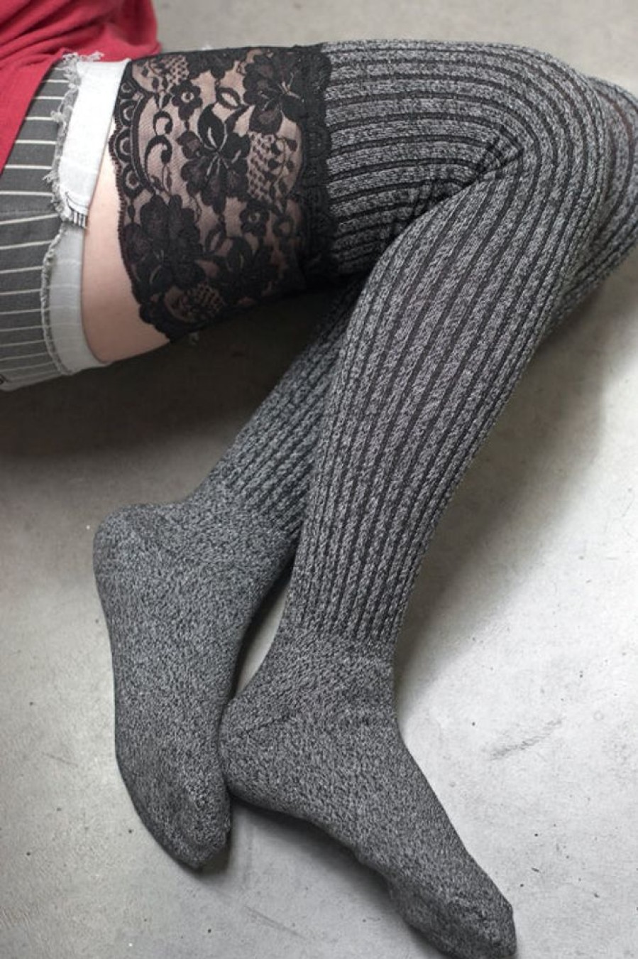 Socks Leg Avenue Over The Knee | Ribbed Knit Marled Slouch Otk Socks With Wide Lace Top