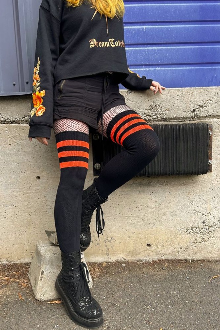 Plus Size Dreamer Socks Plus Size Thigh Highs | Neon Power Stripe Thigh High Socks