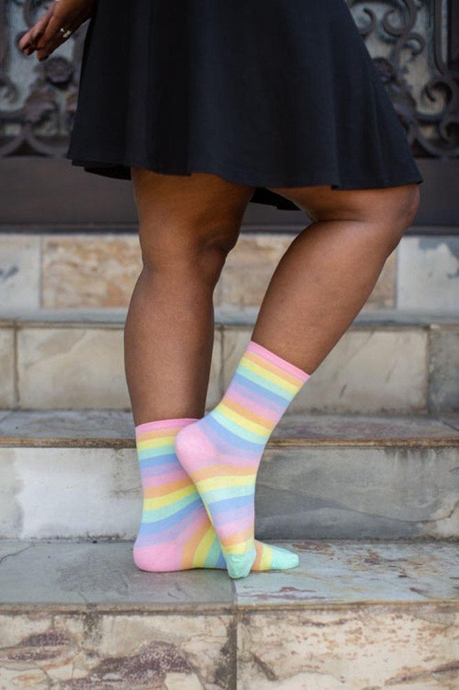 Plus Size Mod Sock Plus Size Crew Socks | Pastel Rainbow Striped Crew