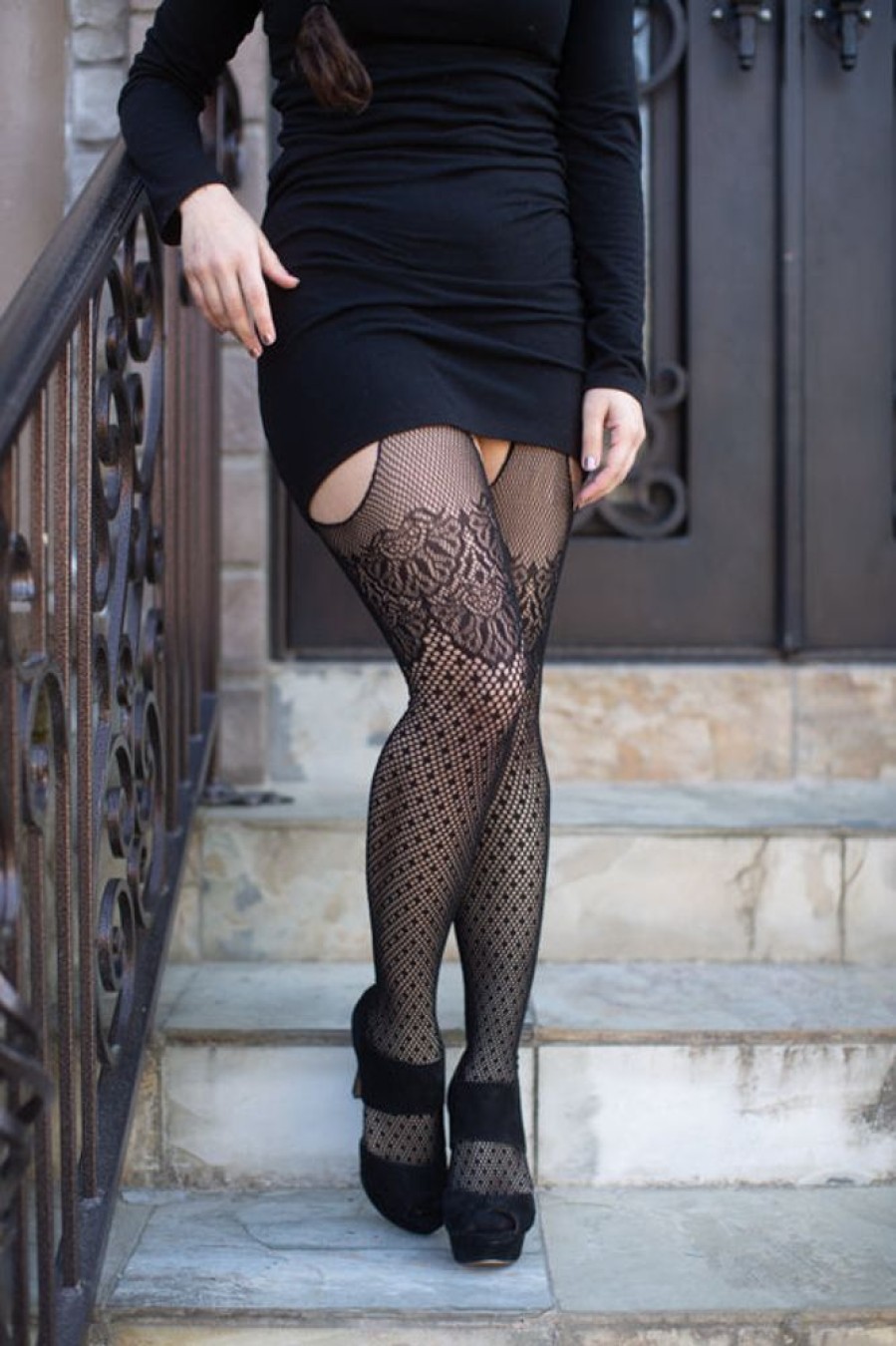 Tights & Leggings Leg Avenue Sheer To Waist Tights | Polka Dot Fishnet Suspender Tights With Cuban Heel