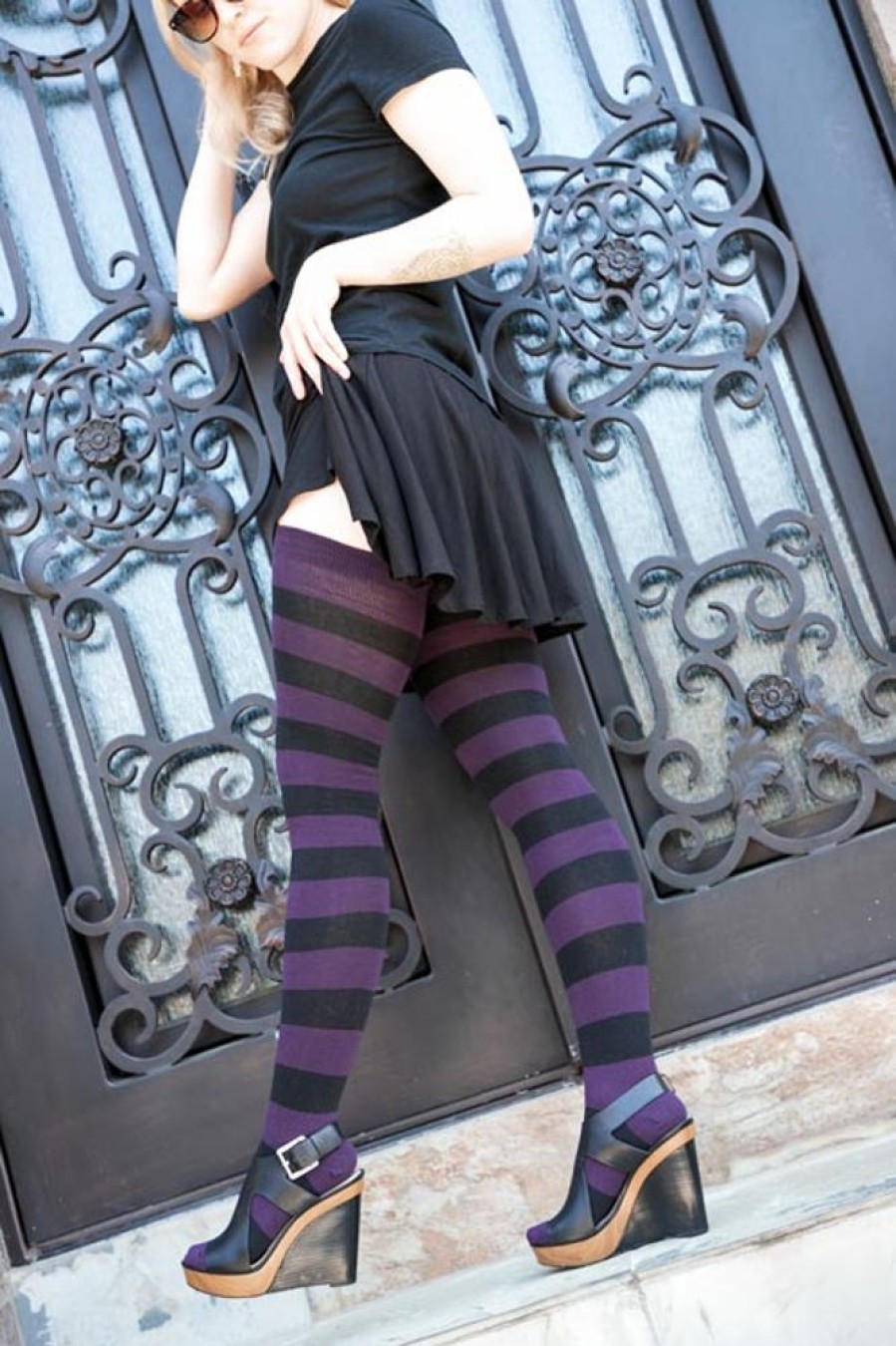 Plus Size Dreamer Socks Plus Size Thigh Highs | Oops! Extraordinarily Longer Striped Thigh High - Plum/Black