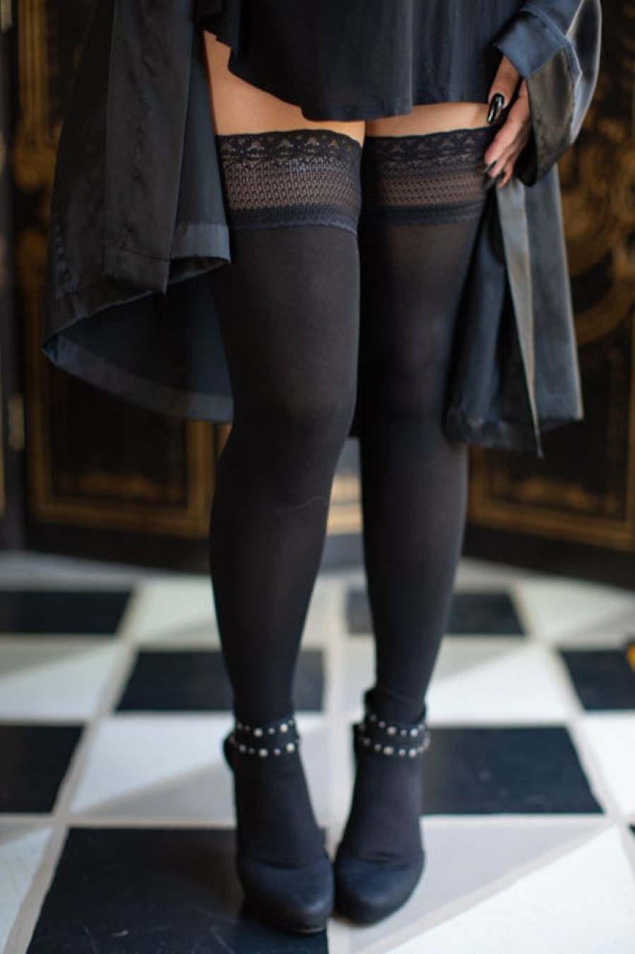 Socks Glamory Stockings | Vital Opaque Stocking With Stay Up Lace Top