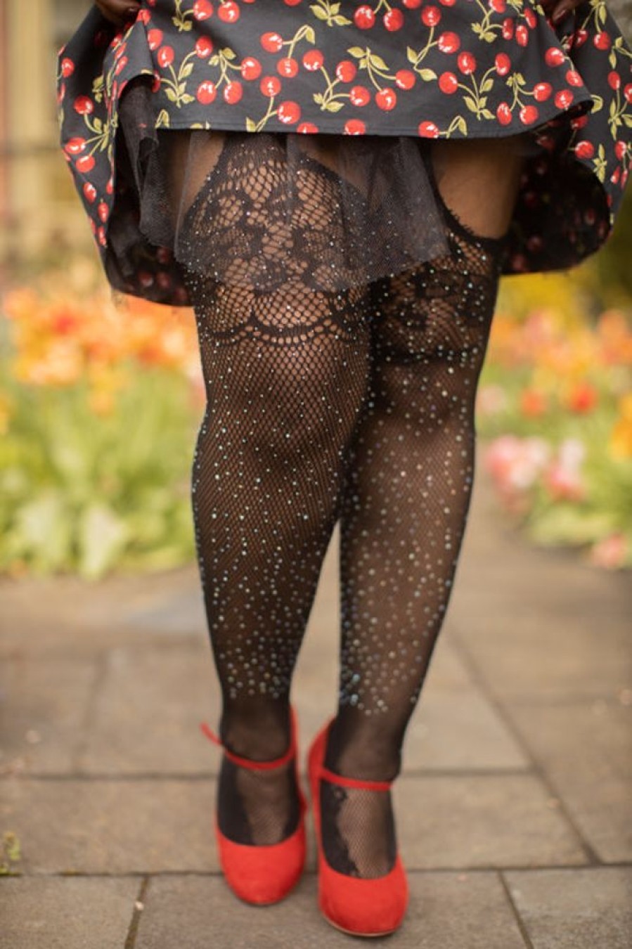 Socks Leg Avenue Stockings | Plus Size Rhinestone Lace Top Fishnet Stockings With Attached Garter